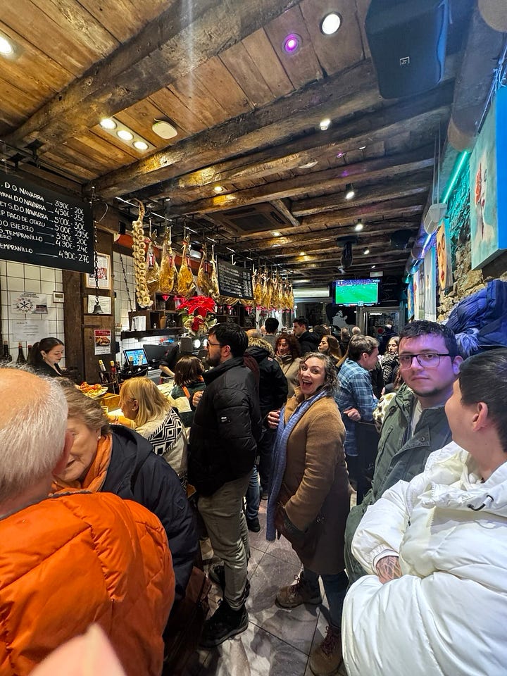 Tapas in Pamplona and Nick and Daniel with full stomachs.