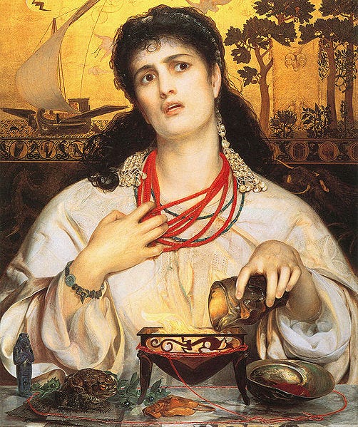 Dipinto preraffaellita di una donna in abiti greci intenta a preparare una sorta di pozione