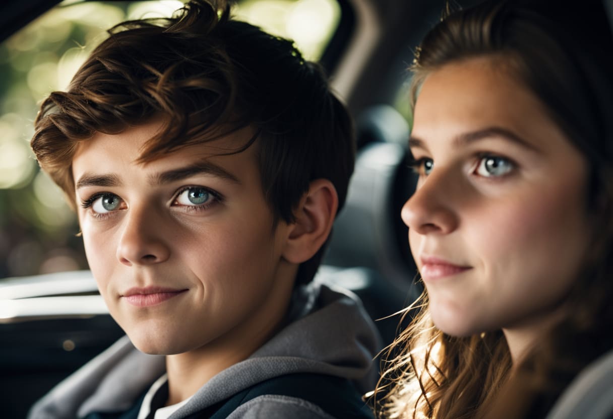 14 year old Max and Lisa riding in the back seat of their carpool as love blossoms 14 year old Max and Lisa riding in the back seat of their carpool as love blossoms