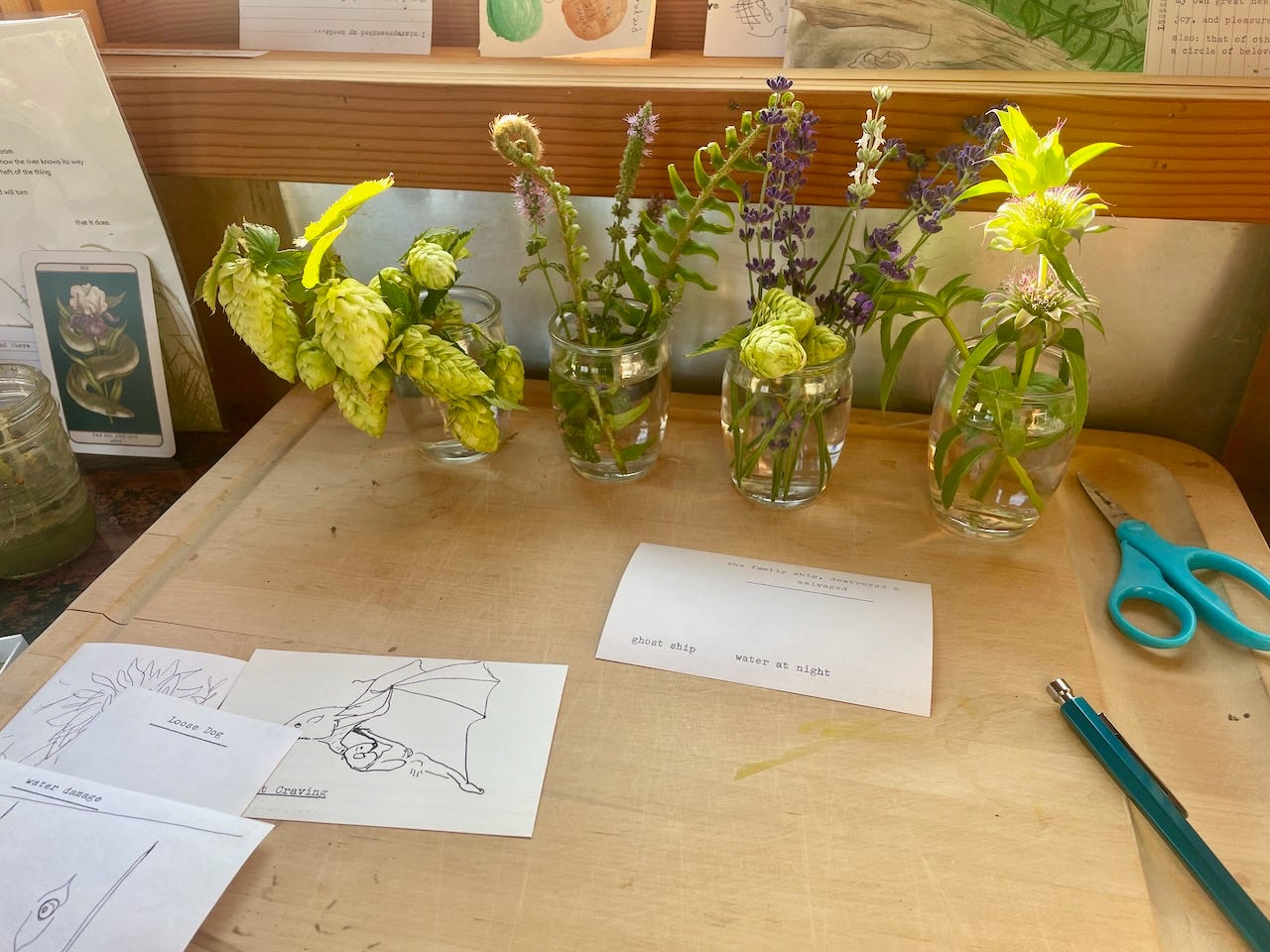 a row of tiny bouquets in jars