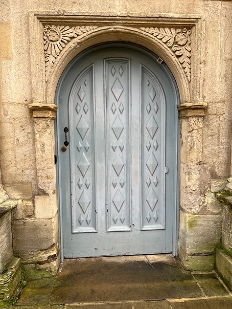 first photo of old headstones in grass filled cemetery, second photo light blue carved door set into a stone archway, third photo of theatre pre-set curtain which is Tina Turner's face but only really her eyes
