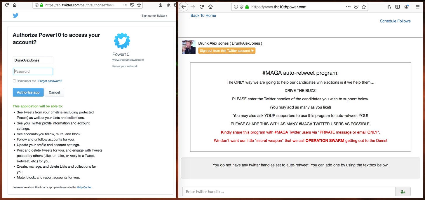 screenshot of Twitter permissions requested by Power10 app and screenshot of Power10's user interface