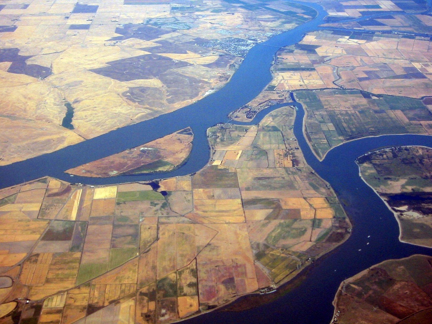 overhead view of islands and farmland in the Delta