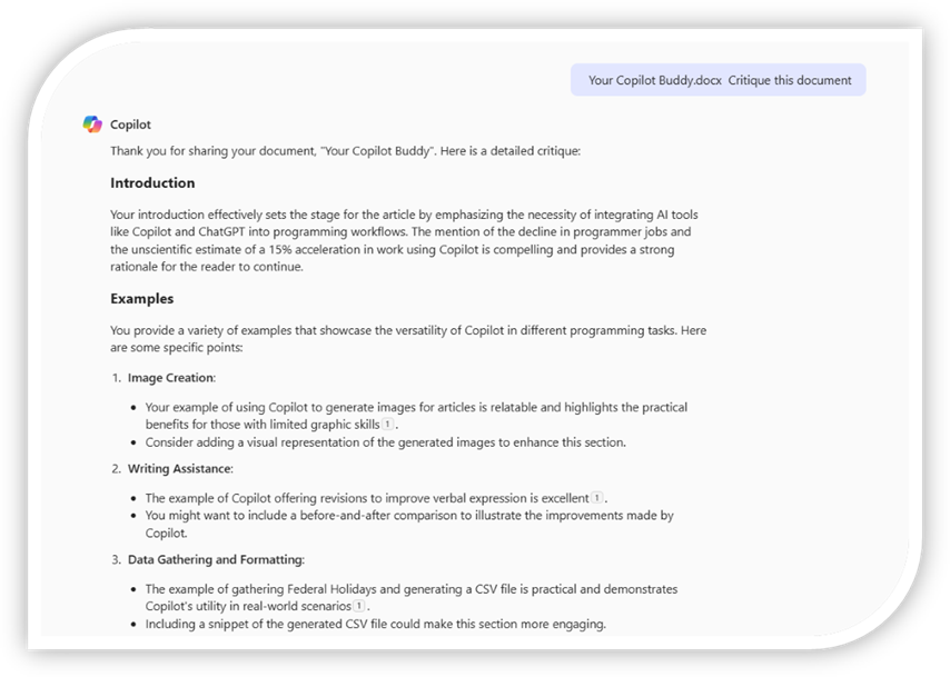An image showing Copilot critiquing the current document. The image includes comments and suggestions for improvement. An image showing Copilot critiquing the current document. The image includes comments and suggestions for improvement.