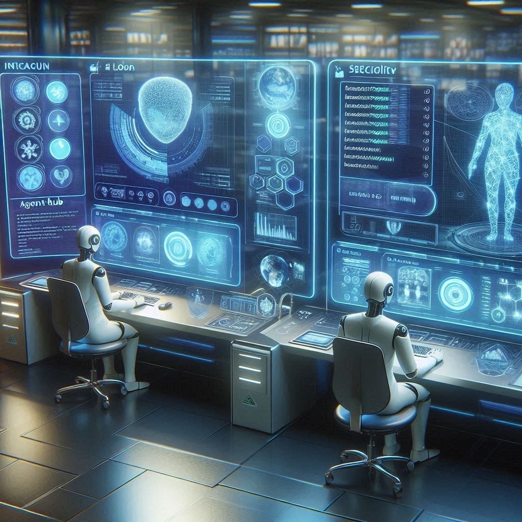 Illustration of a futuristic AI control room with two specialized AI avatars. One avatar monitors cybersecurity threats with holographic maps and logs (representing SecLM), while the other analyzes medical data on glowing screens (representing MedLM). A central AI system coordinates both, symbolizing an intelligent agent connecting domain-specific models in real-world tasks.