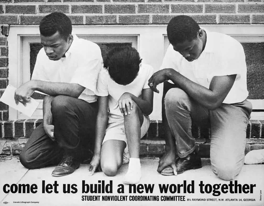 May be a black-and-white image of 3 people, child and text that says 'a LineoihLihegratComparny Lincoln าลุด) Commpary come let us build a anew world together STUDENT NONVIOLENT COORDINATING COMMITTEE 8%2 81/2 RAYMOND STREET, N.W. ATLANTA 14, GEORGIA' May be a black-and-white image of 3 people, child and text that says 'a LineoihLihegratComparny Lincoln าลุด) Commpary come let us build a anew world together STUDENT NONVIOLENT COORDINATING COMMITTEE 8%2 81/2 RAYMOND STREET, N.W. ATLANTA 14, GEORGIA'