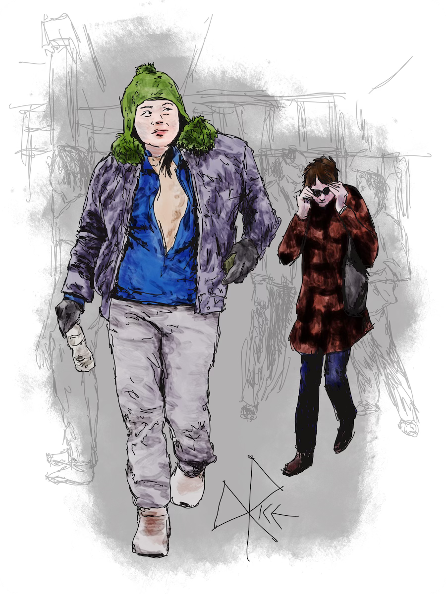 Wearing their winter outdoor clothing, two people walk through an indoor space as they head for the exit doors. Sketch art by Don Rice.