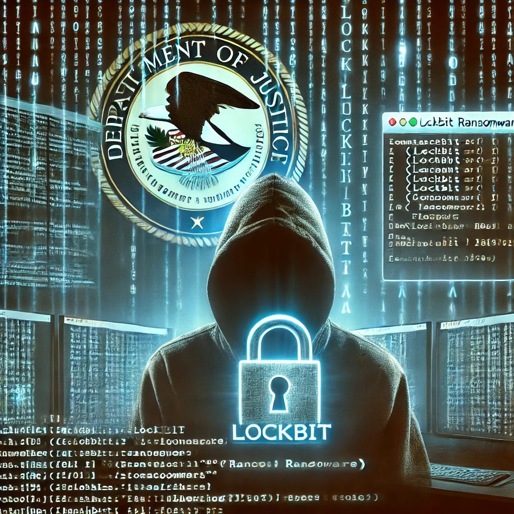 An impactful conceptual image showing a coding terminal displaying LockBit ransomware code. A shadowy figure looms in the background, with the U.S. Department of Justice logo glowing above, symbolizing the developer’s arrest.