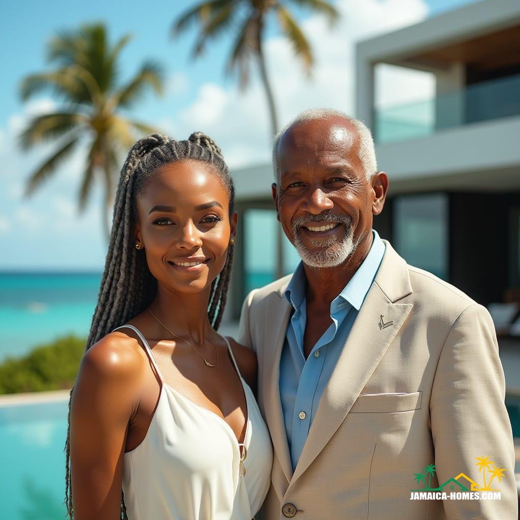 A stately elderly couple, radiating refinement and poise, stands proudly before their sleek, modern beachfront villa, The Pinnacle of Life, in Montego Bay. The distinguished gentleman, with warm, sun-kissed skin and sharp, angular features, exudes an air of wisdom and life experience. His elegant attire, perfectly suited to the tropical setting, complements the refined beauty of the woman beside him. She, a stunning mixed-race beauty with porcelain-like skin and luscious, slightly graying dreadlocks cascading over her shoulders, embodies confidence and poise. Together, they command the frame, set against a breathtaking backdrop of turquoise ocean, swaying palm trees, and sophisticated villa architecture. Influenced by the cinematic styles of Roger Deakins, Emmanuel Lubezki, and Hoyte van Hoytema, this image features rich, cinematic lighting, subtle film grain, and a vignette, evoking the warmth and depth of 35mm film. Color graded to perfection, with a blend of natural and golden tones, this live-action still is a masterpiece of atmospheric, epic storytelling.