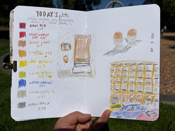 Various sketches in colored pencil, gouache, watercolor, neocolor II pastel