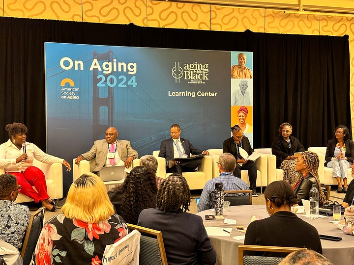 banners detailing On Aging 2024 conference, informational sessions at ASA conference, Julia Yarbough with fellow ASA Rise Program Fellows 2022 Cohort
