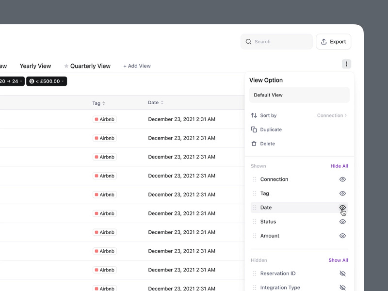 A data table UI showing column visibility and order. A data table UI showing column visibility and order.