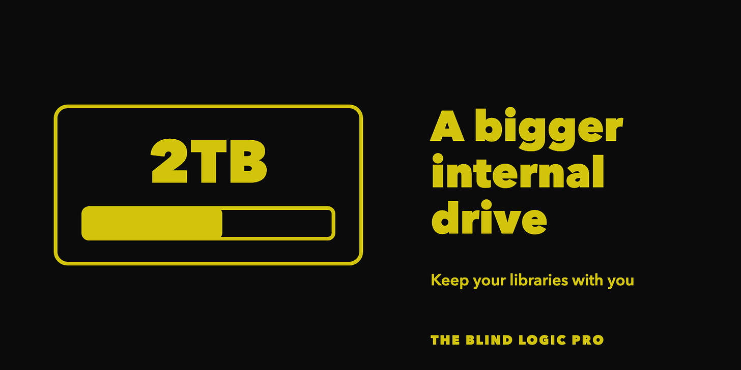 A drive labeled 2TB with a storage bar a little over half full, with the text A bigger internal drive, Keep your libraries with you. A drive labeled 2TB with a storage bar a little over half full, with the text A bigger internal drive, Keep your libraries with you.