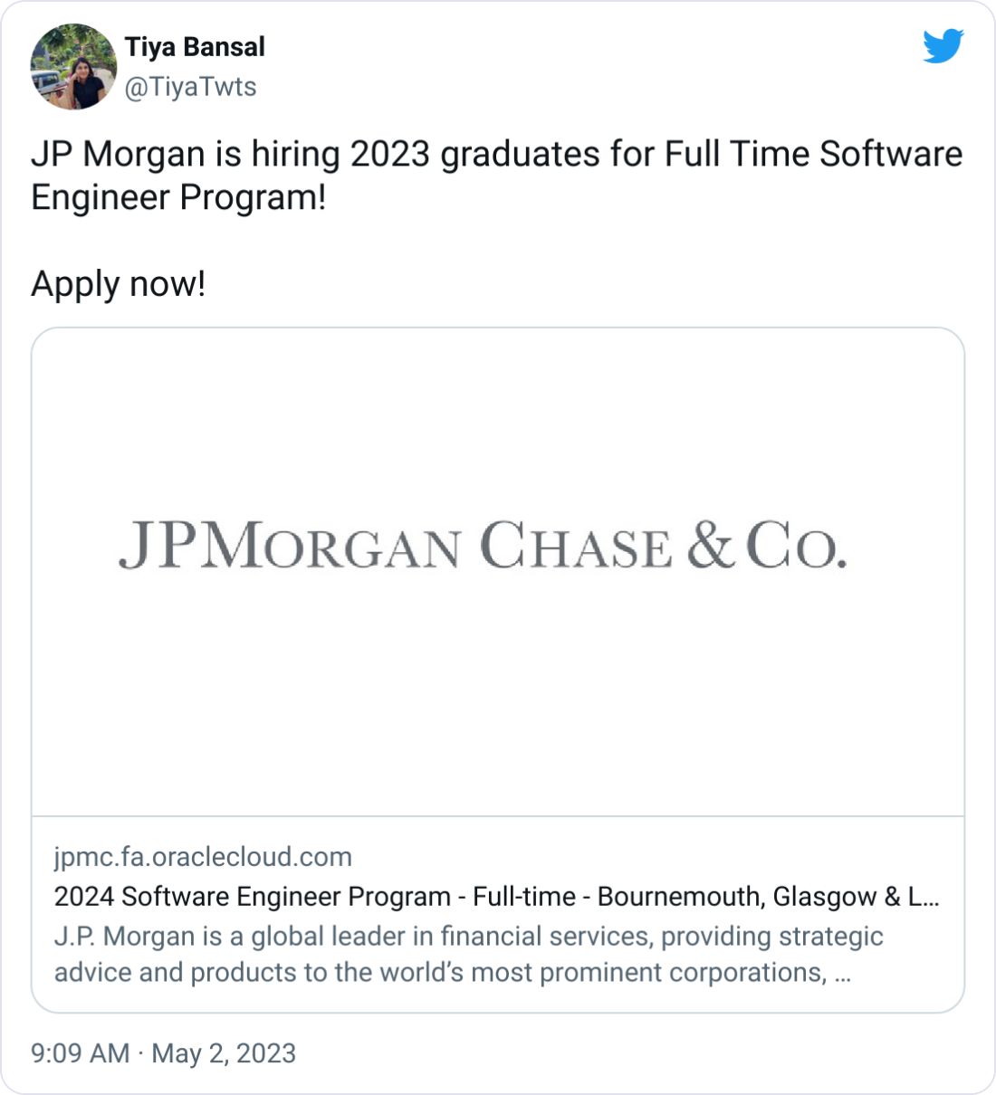 Tiya Bansal @TiyaTwts JP Morgan is hiring 2023 graduates for Full Time Software Engineer Program! Apply now! Tiya Bansal @TiyaTwts JP Morgan is hiring 2023 graduates for Full Time Software Engineer Program! Apply now!