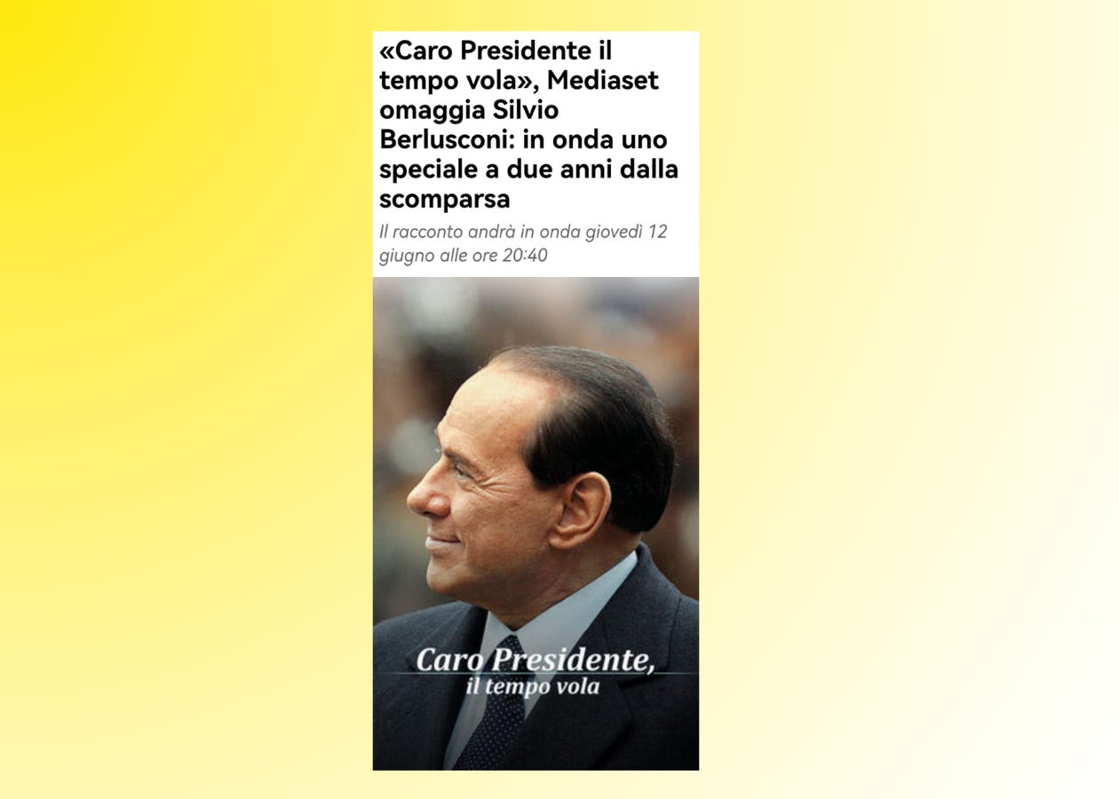 Screen della notizia dello speciale a due anni dalla morte di Berlusconi. Fininvest è diventata una necrocrazia?