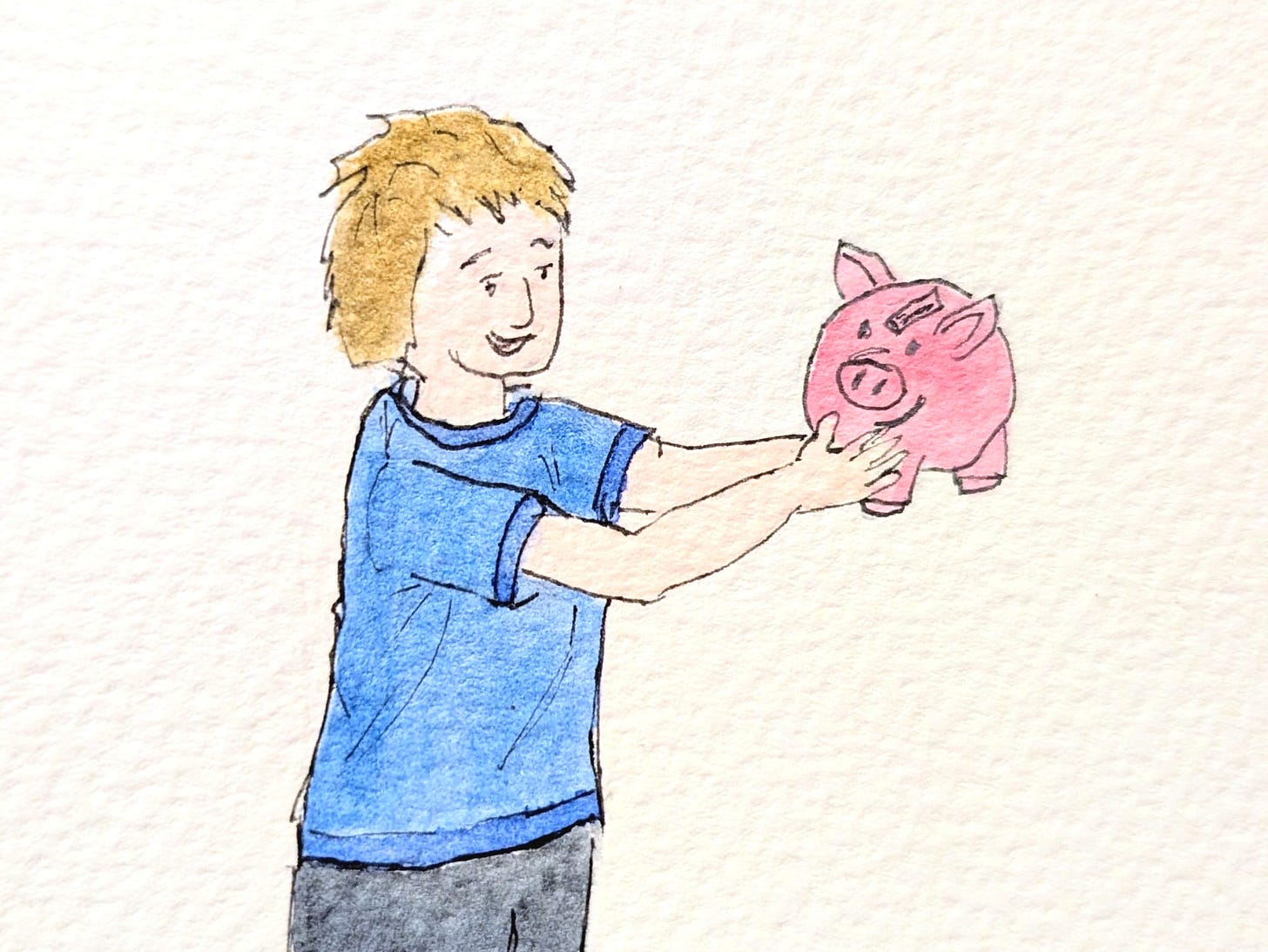 Hand-drawn ink and watercolour illustration of a young boy in a blue T-shirt holding out a pink piggy bank with both hands