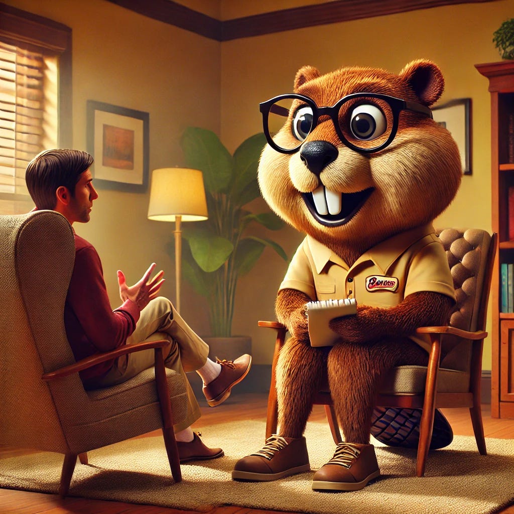 A humorous therapy office scene featuring Buc-ee, the iconic beaver mascot, clearly in the role of a therapist. Buc-ee is seated in a comfortable armchair, wearing reading glasses and holding a notepad as he attentively listens to the patient. The patient sits across from Buc-ee in a plush, cozy chair, appearing relaxed without holding any notebook or materials, hands free. The office is warm and inviting, with plants, bookshelves, and soft lighting, creating a professional and welcoming atmosphere. The style is lighthearted, emphasizing Buc-ee's role as the therapist.