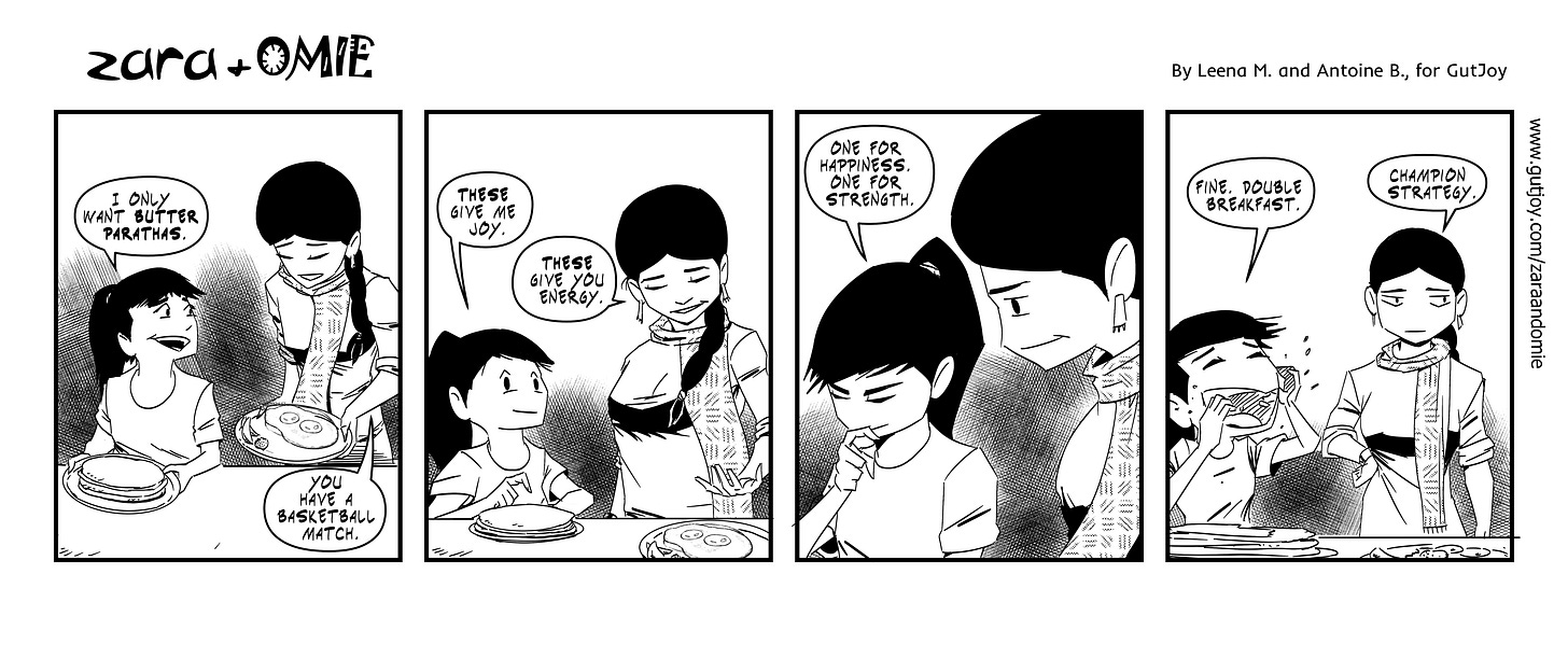 Zara wants a comfort breakfast before her basketball match. Ma suggests something more energizing. They settle on having both.