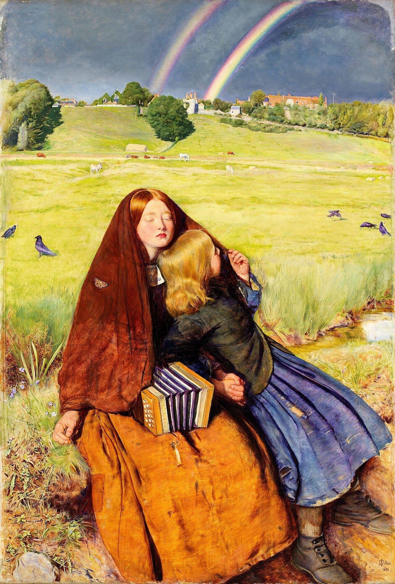 A blind girl and a child sit in a field under a double rainbow she cannot see A blind girl and a child sit in a field under a double rainbow she cannot see
