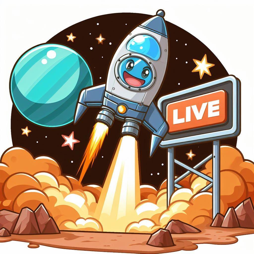  A spaceship blasting off from a "Demo" towards a planet labeled "Live" cartoon style