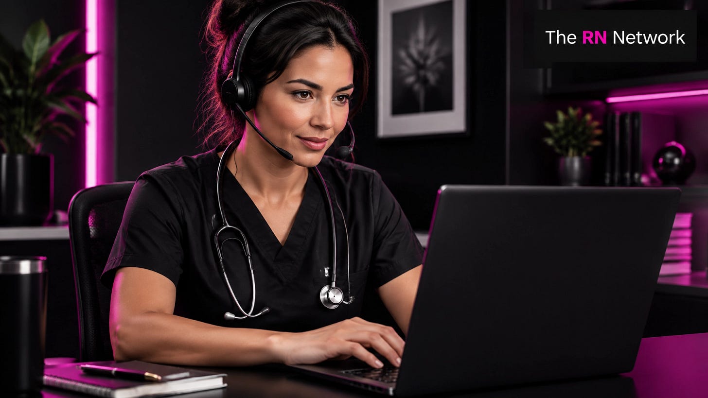 A nurse in black scrubs working with a headset in a telehealth workspace A nurse in black scrubs working with a headset in a telehealth workspace