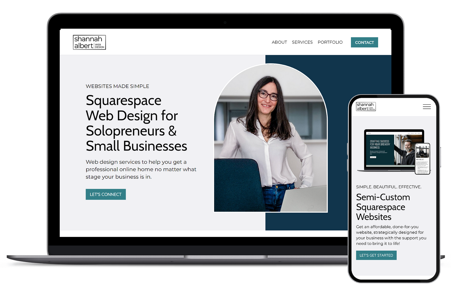 Computer mock-up of Shannah Albert Web Design's website in a laptop and mobile phone