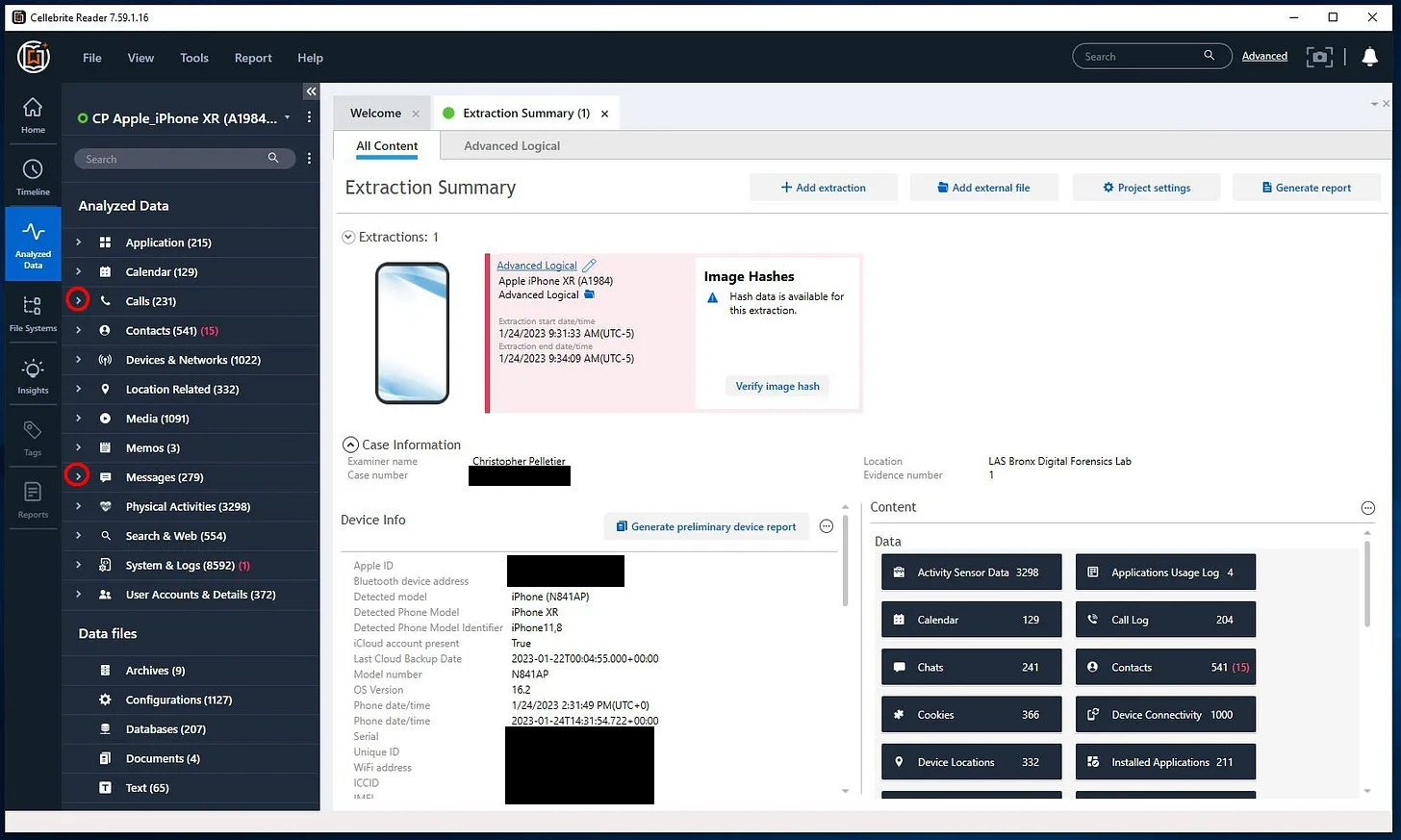 A screenshot of a Cellebrite phone extraction report opened in Cellebrite Reader with some navigation options circled in red.