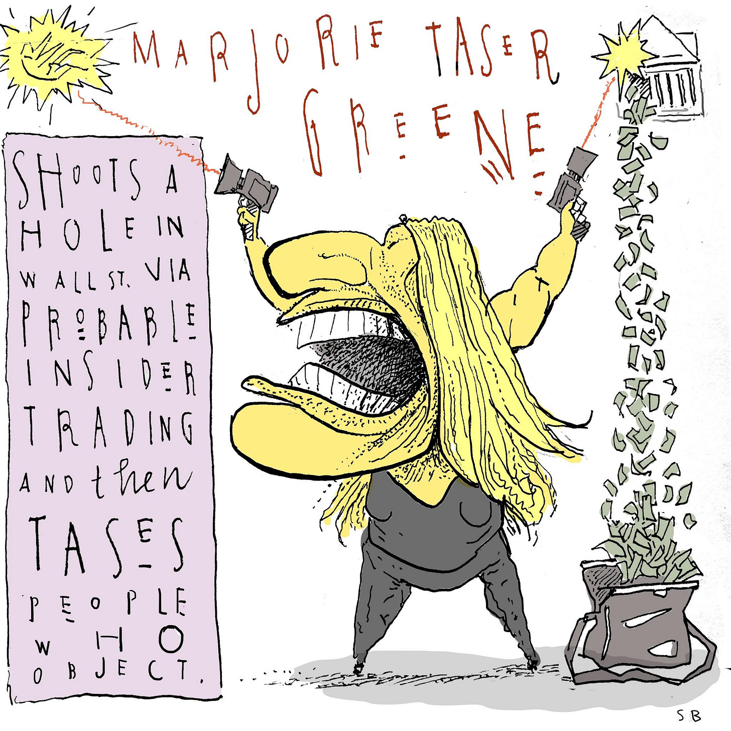 May be an image of minions and text that says 'MARJORIF RIE TASER R SHOOTS A GREENE HOLEIN IN ALLST.VIA ALLST, VIA PROBABLE INS IDER TRADING AND then t TASES PEOPLE 0 W H O OBJECT 0 B CT ቢማል 5B'