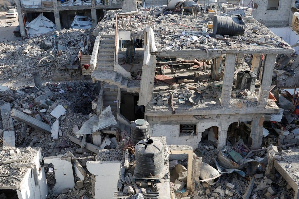 Aerial view of a destroyed building in Khan Younis, Gaza Strip.