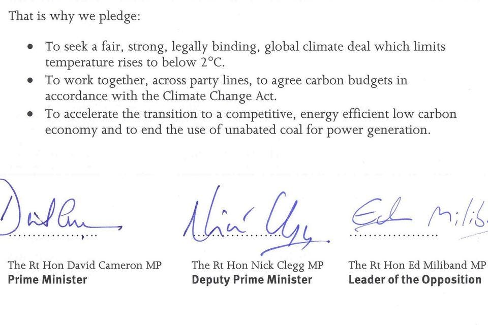 Cameron Clegg and Miliband Climate Pledge