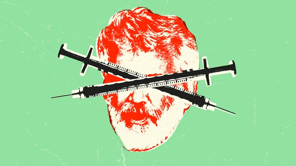 Collage of Robert Malone's face and criss-crossed syringes Collage of Robert Malone's face and criss-crossed syringes