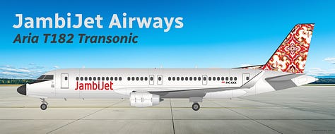 JambiJet Aria T182 Transonic in example Batik livery, shown in side view while in midflight (L), while landing at an airport (C), and while parked on a tarmac (R).