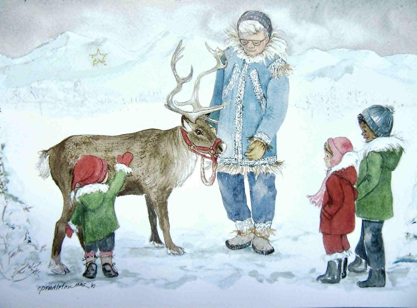 Watercolor of Star the Reindeer in Anchorage, Alaska by Alaskan artist, Cindy Pendleton.