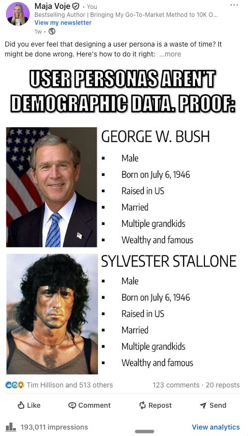 George W. Bush and Sylvester Stallone share identical demographics, showing why demographic data does not define a persona George W. Bush and Sylvester Stallone share identical demographics, showing why demographic data does not define a persona