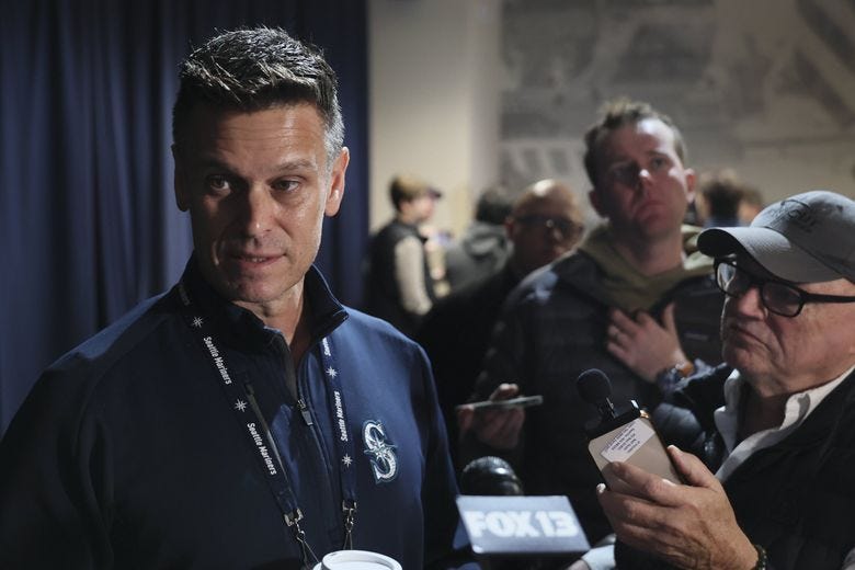 President of Baseball Operations Jerry Dipoto fields questions during the post season press conference Thursday, Oct. 23, 2025 at T-Mobile Park in Seattle. (Kevin Clark / The Seattle Times)