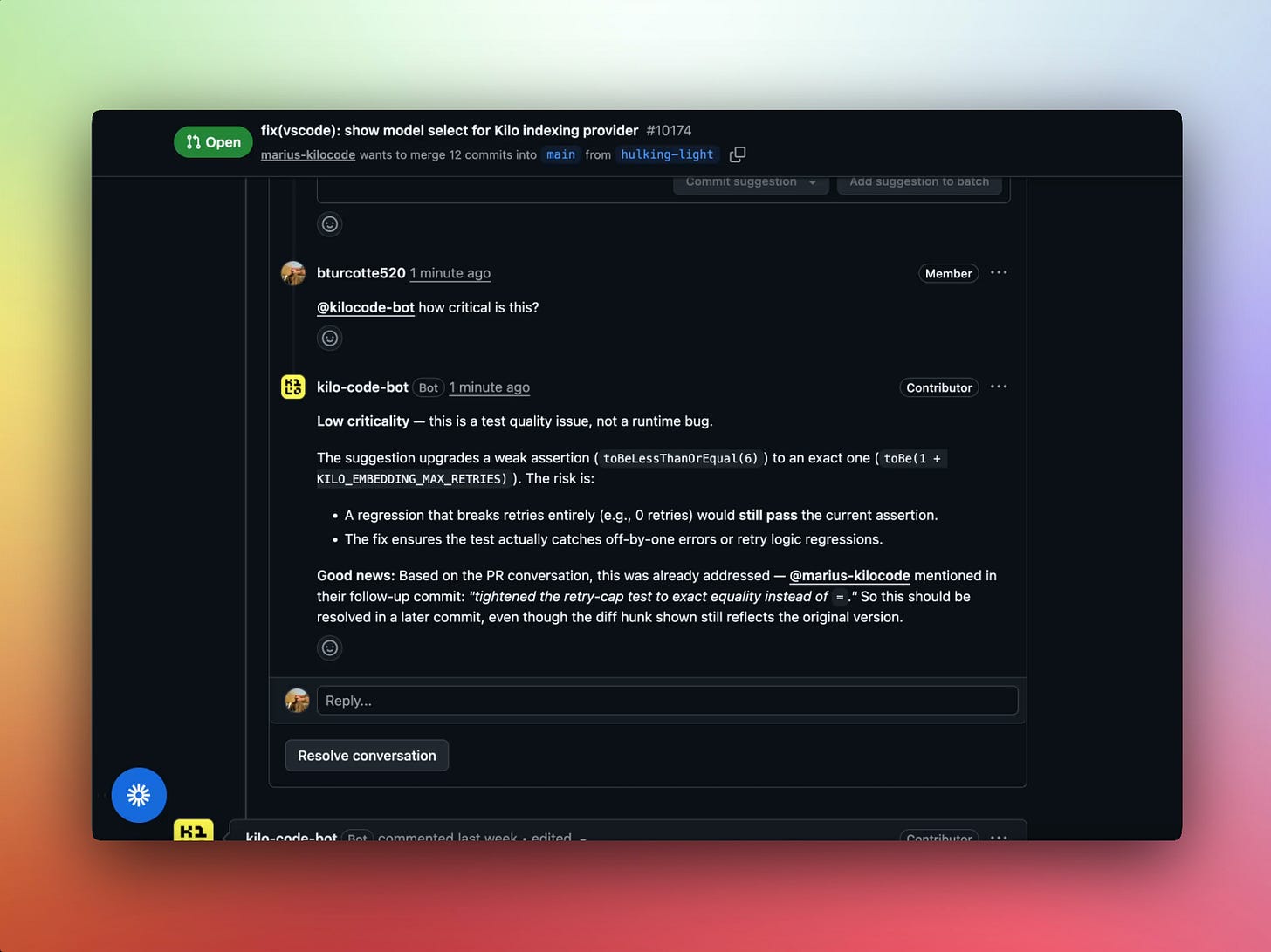 Asking @kilocode-bot a question on a GitHub pull request review comment