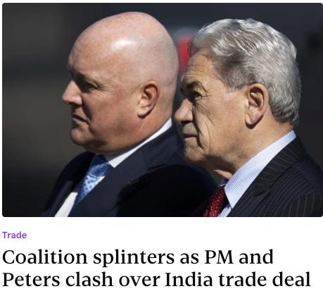 Headline: "Coalition splinters as PM and Peters clash over India trade deal."
