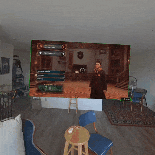 Mixed-reality view of a living room with a large floating video-game menu and a suited male character appearing above a small wooden stool and two blue chairs. Mixed-reality view of a living room with a large floating video-game menu and a suited male character appearing above a small wooden stool and two blue chairs.