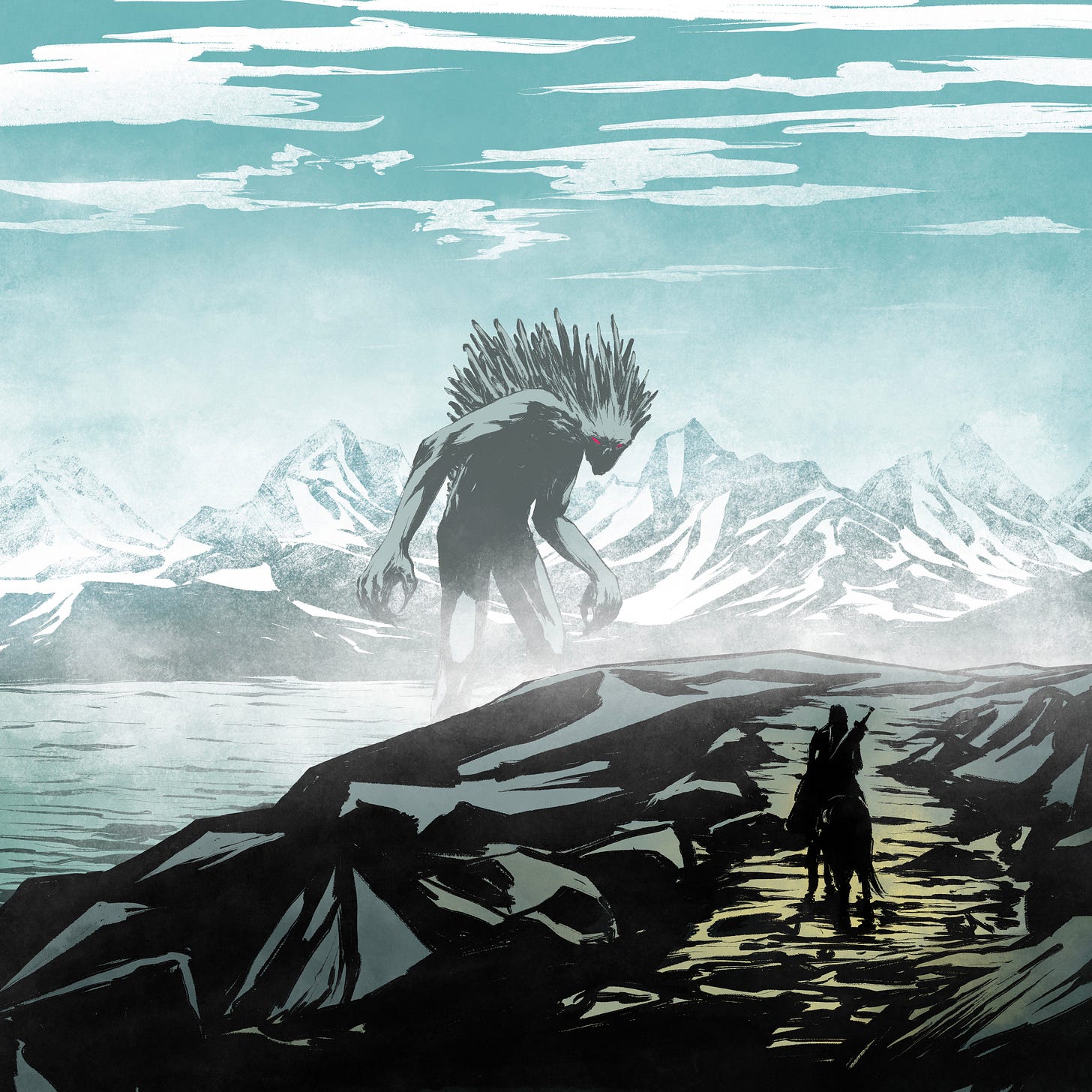 A warrior on horseback gazes at his quarry — a mountain-sized Titan in the distance.