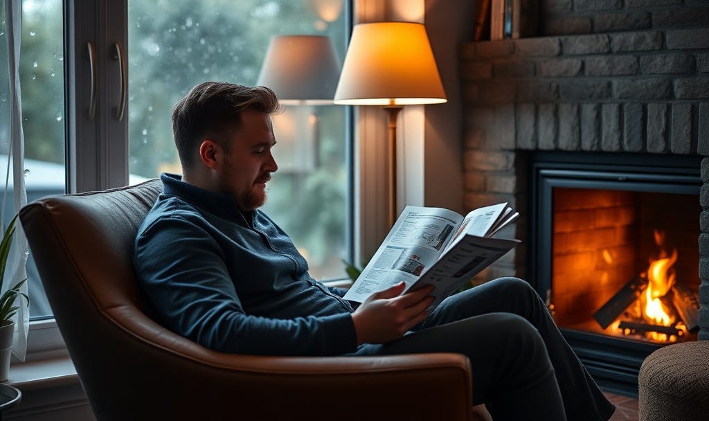 Man is sitting in the comfy chair near the window. Man reads technical magazine. Rain pours outside. There is a lamp near the window and burning fireplace nearby. (AI generated)
