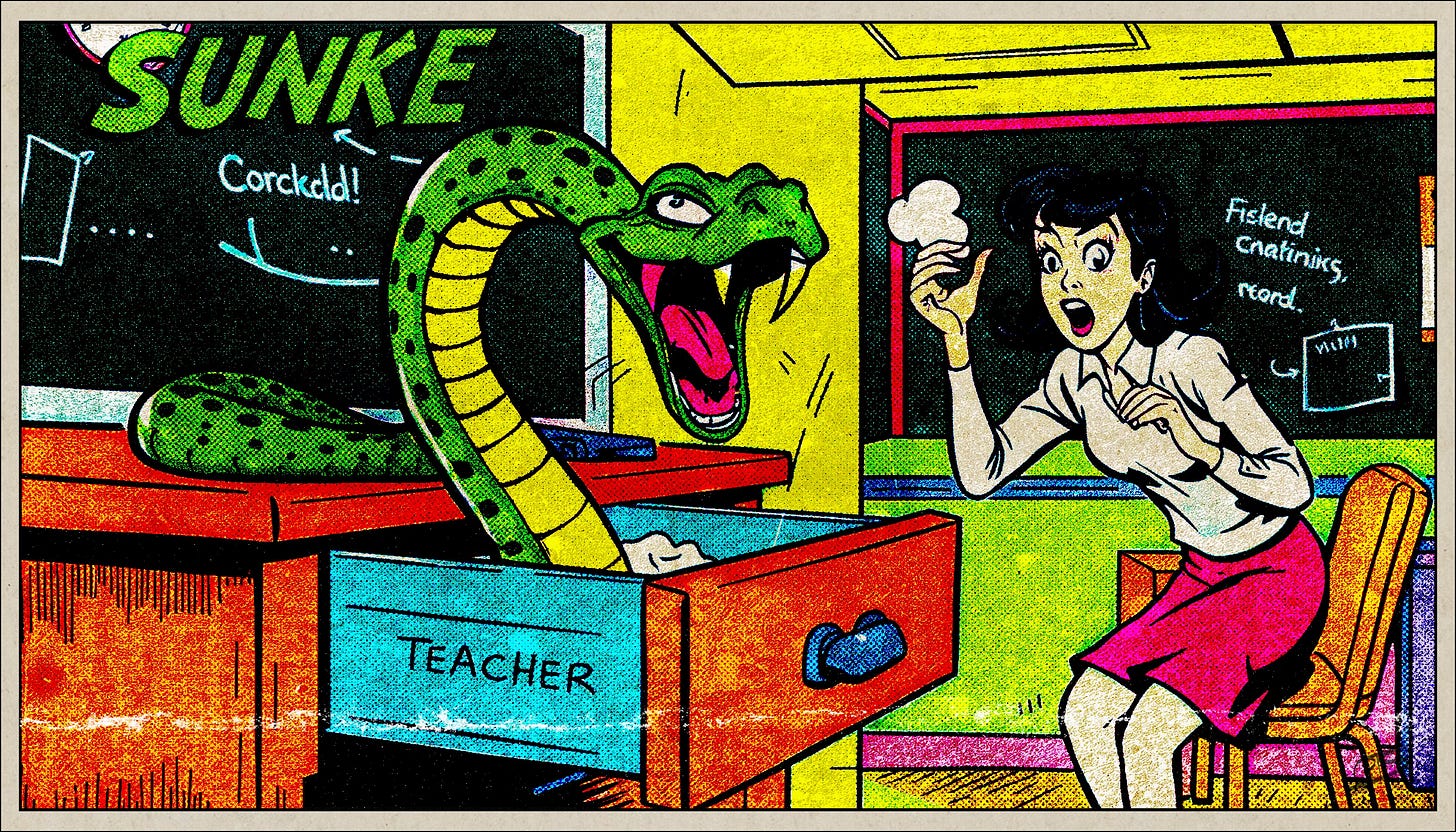 Teacher shrieks as snake pops from drawer
