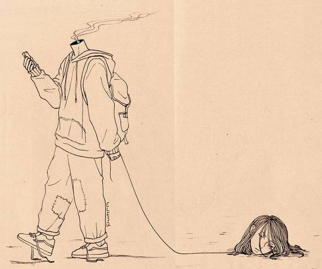 Desenho de um corpo sem cabeça, com fumaça saindo do pescoço e um celular na mão, como se estivesse olhando pra ele e andando despreocupada. A outra mão tem uma linha que dá para a cabeça, no chão, com expressão neutra.