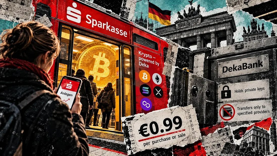 Illustration of a Sparkasse train carrying Bitcoin customers beside DekaBank custody and transfer restrictions.