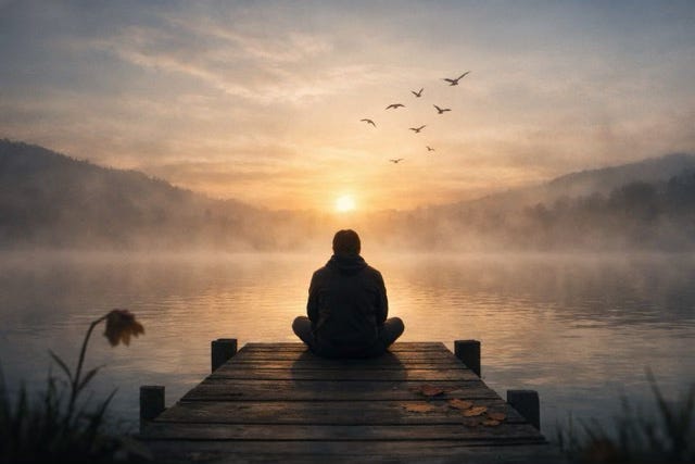 A solitary human figure seated in a dim, quiet interior space, facing soft light