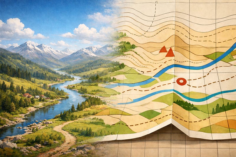 A detailed image of the terrain dissolves into a simplified map