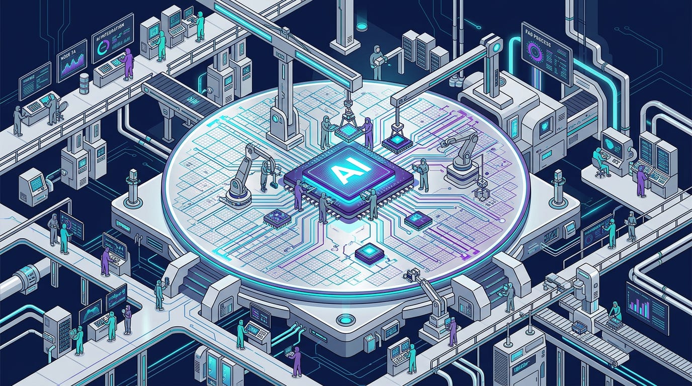 Flat isometric illustration of a giant silicon wafer being assembled inside a futuristic fabrication facility, tiny engineers installing glowing AI circuits into an oversized processor, dark navy background, clean vector art style, silver, cyan and purple color palette, premium semiconductor editorial aesthetic Flat isometric illustration of a giant silicon wafer being assembled inside a futuristic fabrication facility, tiny engineers installing glowing AI circuits into an oversized processor, dark navy background, clean vector art style, silver, cyan and purple color palette, premium semiconductor editorial aesthetic