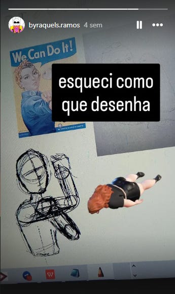 A imagem captura a tela de uma publicação de rede social focada em desenho digital, onde uma caixa de texto preta com letras brancas no centro traz a frase humorística "esqueci como que desenha". Ao fundo, a área de trabalho do aplicativo de ilustração exibe um estudo de anatomia composto por um esboço em linhas pretas feito com formas geométricas básicas, posicionado ao lado da imagem colorida de um personagem com cabelos ruivos deitado no chão. No canto superior esquerdo, há uma imagem de referência do icônico cartaz "We Can Do It!", enquanto as bordas da tela revelam elementos de interface, como o nome de usuário "byraquels.ramos" no topo e uma barra de ferramentas com ícones na parte inferior.