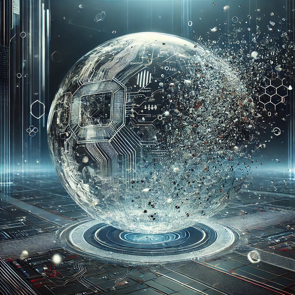 A symbolic representation of the AI industry bubble bursting. A large, delicate, translucent bubble filled with abstract digital symbols like circuit patterns, binary code, and neural networks is shown floating in a futuristic, tech-themed environment. The bubble is in the process of bursting, with fragments scattering and digital debris flying out, symbolizing the sudden collapse. The background features a sleek, high-tech cityscape with a slightly dark and tense atmosphere, capturing the sense of disruption and upheaval in the technology sector.