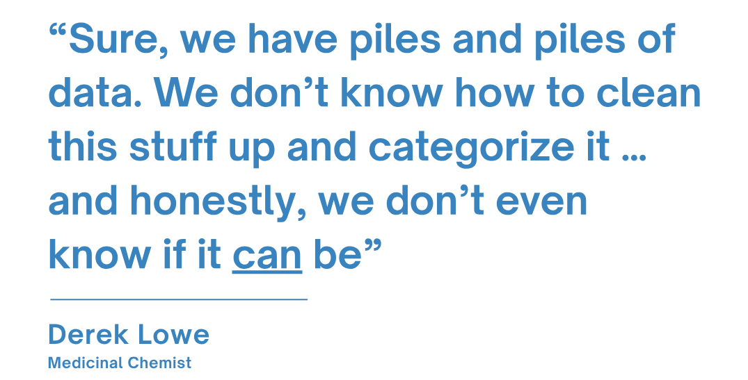 Quote from Derek Lowe reads: “Sure, we have piles and piles of data. We don’t know how to clean this stuff up and categorize it … and honestly, we don’t even know if it can be” Quote from Derek Lowe reads: “Sure, we have piles and piles of data. We don’t know how to clean this stuff up and categorize it … and honestly, we don’t even know if it can be”