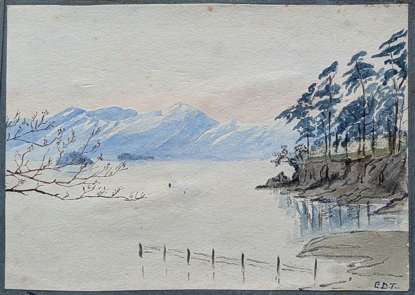 snowy hills, lake, pine trees